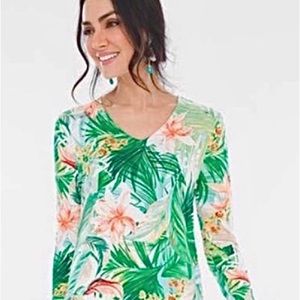🌺Chicos Green Tropical Floral Print 3/4 Sleeve Asymmetric-Hem Tee 2, L, 12/14🌴
